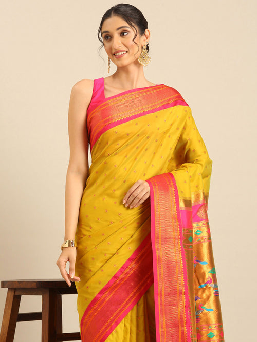 Double pallu paithani saree soft silk in mustard yellow and pink with chakra phool meena butti - closeup view showing fabric and zari work for party wear