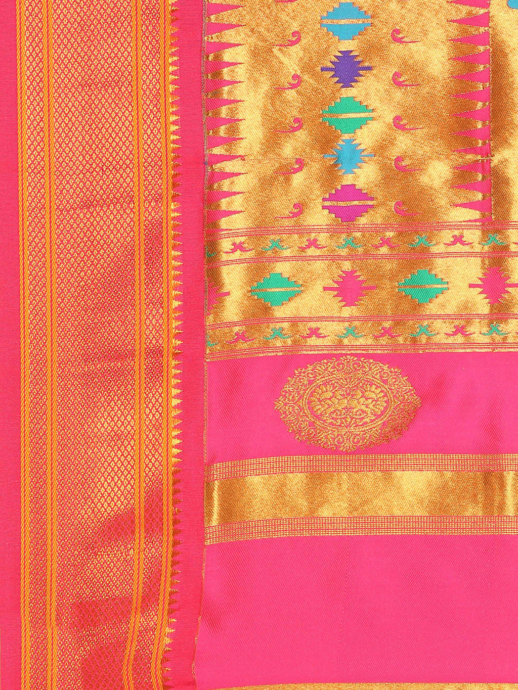 Double pallu paithani saree silk blend in mustard yellow and pink with chakra phool meena butti - pallu detail showing woven motif design for party wear