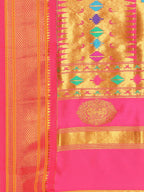 Double pallu paithani saree silk blend in mustard yellow and pink with chakra phool meena butti - pallu detail showing woven motif design for party wear