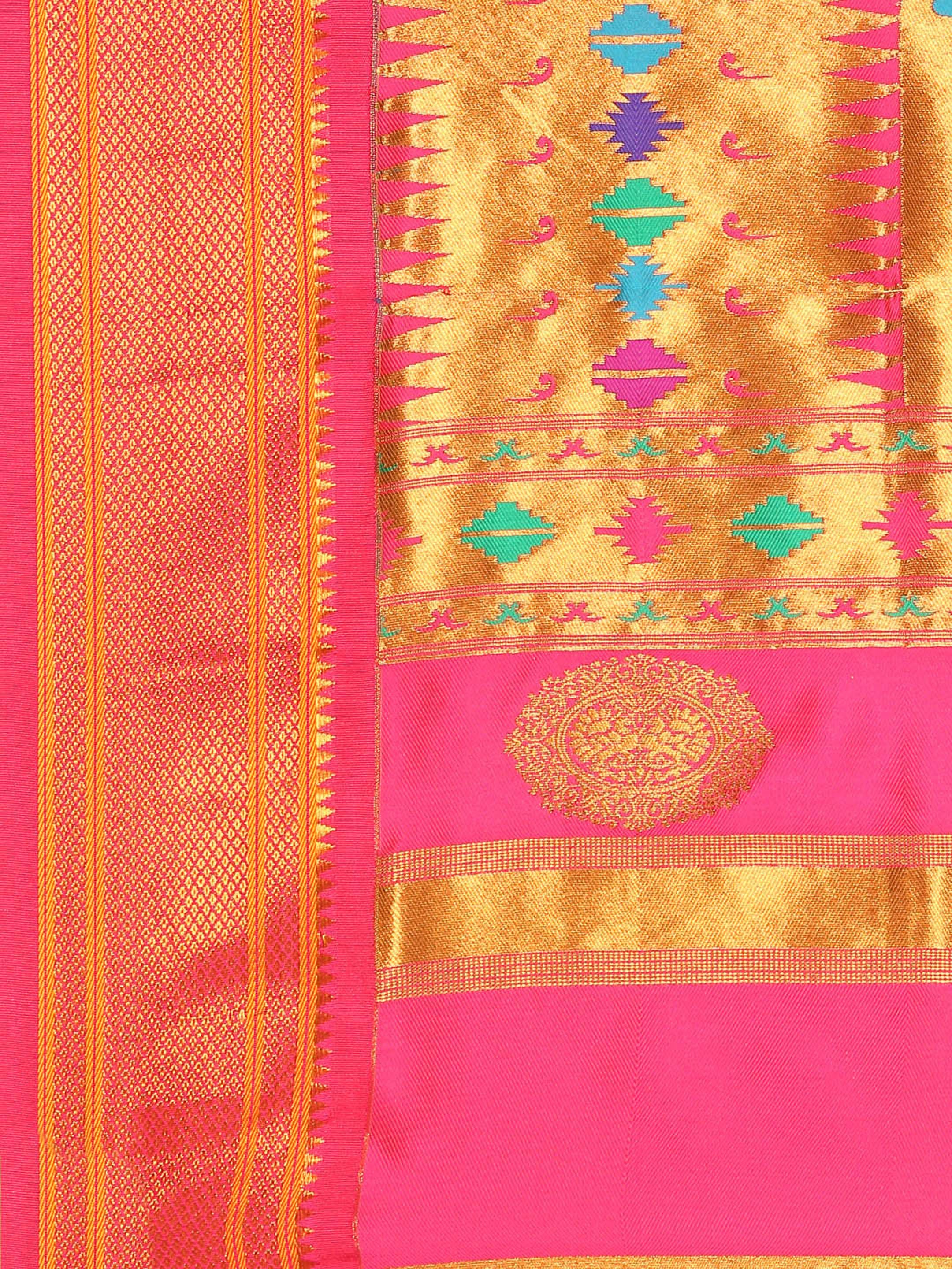 Double pallu paithani saree silk blend in mustard yellow and pink with chakra phool meena butti - pallu detail showing woven motif design for party wear