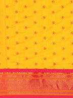 Double pallu paithani saree silk blend in mustard yellow and pink with chakra phool meena butti - body fabric detail showing motif design for party wear