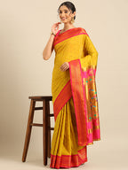 Double pallu paithani saree silk blend in mustard yellow and pink with chakra phool meena butti - styled model view for party wear