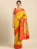 Double pallu paithani saree silk blend in mustard yellow and red with chakra phool meena butti - front view for party wear
