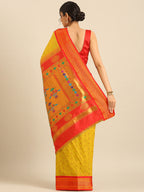 Double pallu paithani saree silk blend in mustard yellow and red with chakra phool meena butti - back view showing pallu and border for party wear