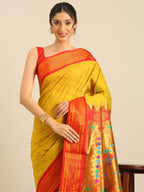Double pallu paithani saree silk blend in mustard yellow and red with chakra phool meena butti - closeup view showing fabric and zari work for party wear