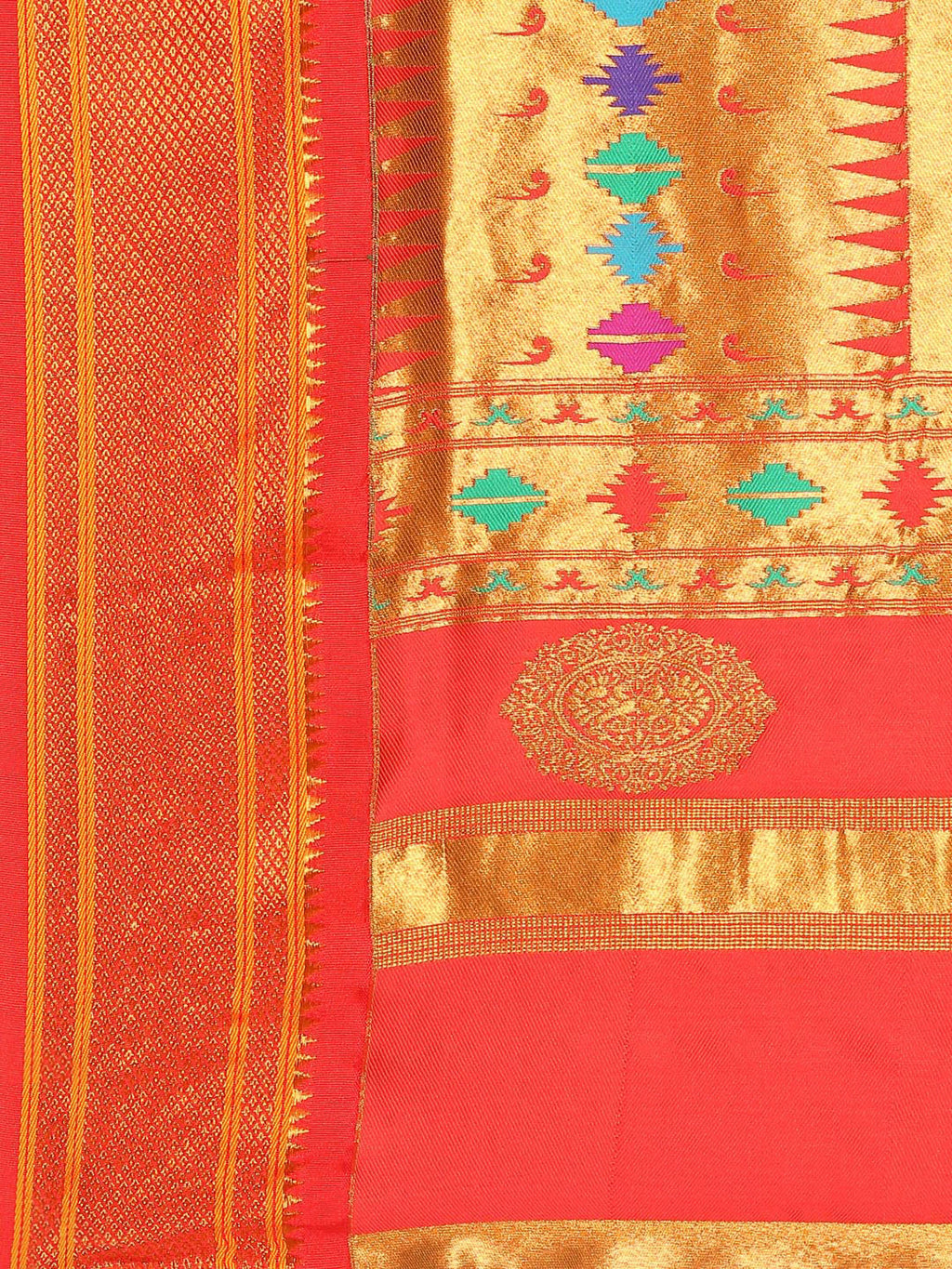 Double pallu paithani saree silk blend in mustard yellow and red with chakra phool meena butti - pallu detail showing woven motif design for party wear