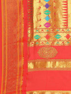 Double pallu paithani saree silk blend in mustard yellow and red with chakra phool meena butti - pallu detail showing woven motif design for party wear