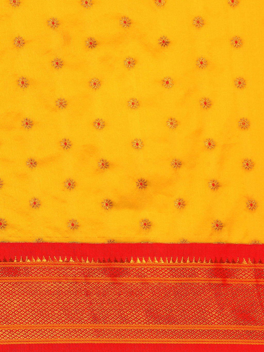 Double pallu paithani saree silk blend in mustard yellow and red with chakra phool meena butti - body fabric detail showing motif design for party wear