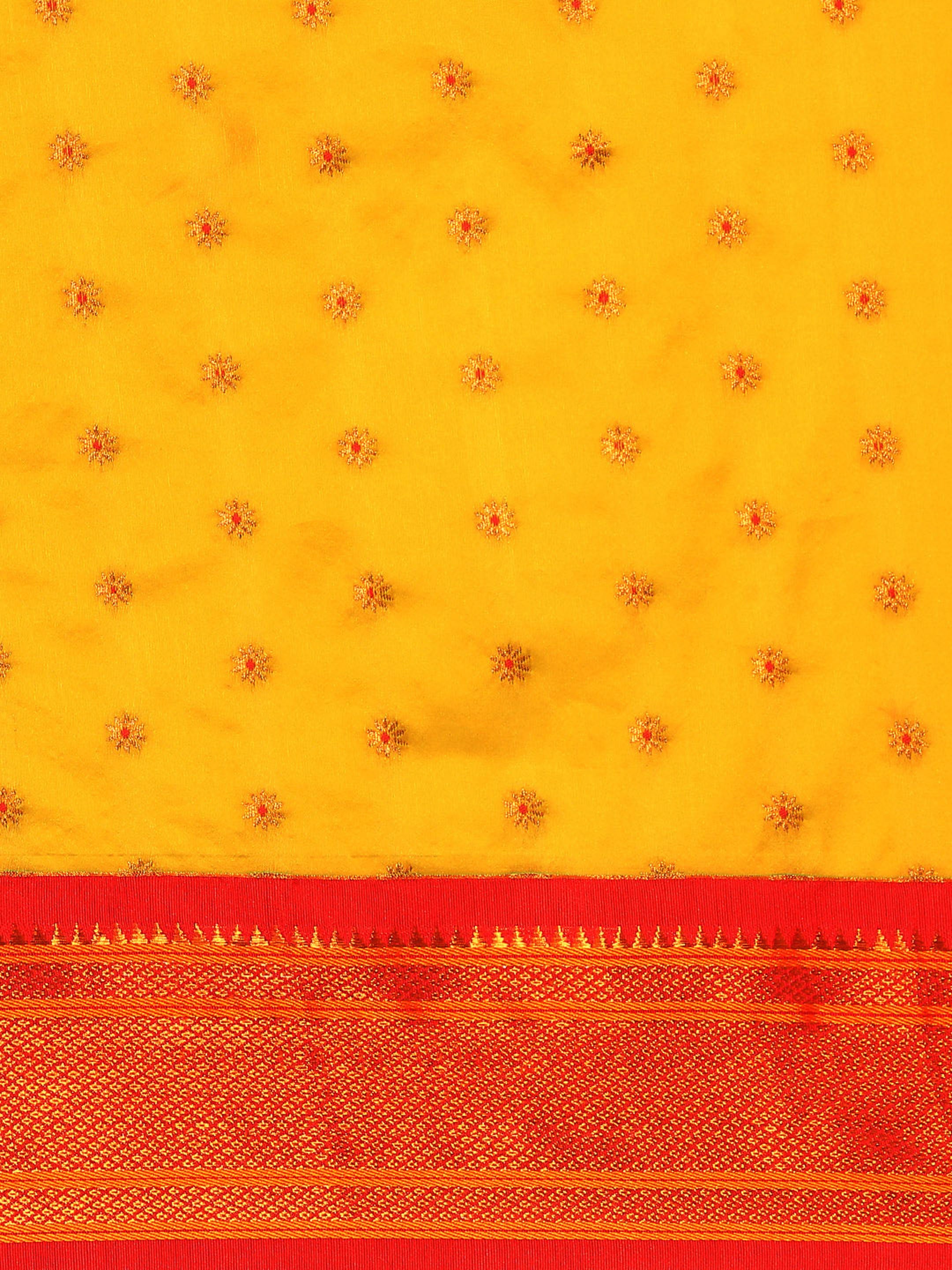 Double pallu paithani saree silk blend in mustard yellow and red with chakra phool meena butti - body fabric detail showing motif design for party wear