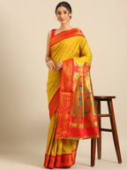Double pallu paithani saree silk blend in mustard yellow and red with chakra phool meena butti - styled model view for party wear