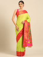 Double pallu paithani saree silk blend in popati and pink with chakra phool meena butti - front view for party wear