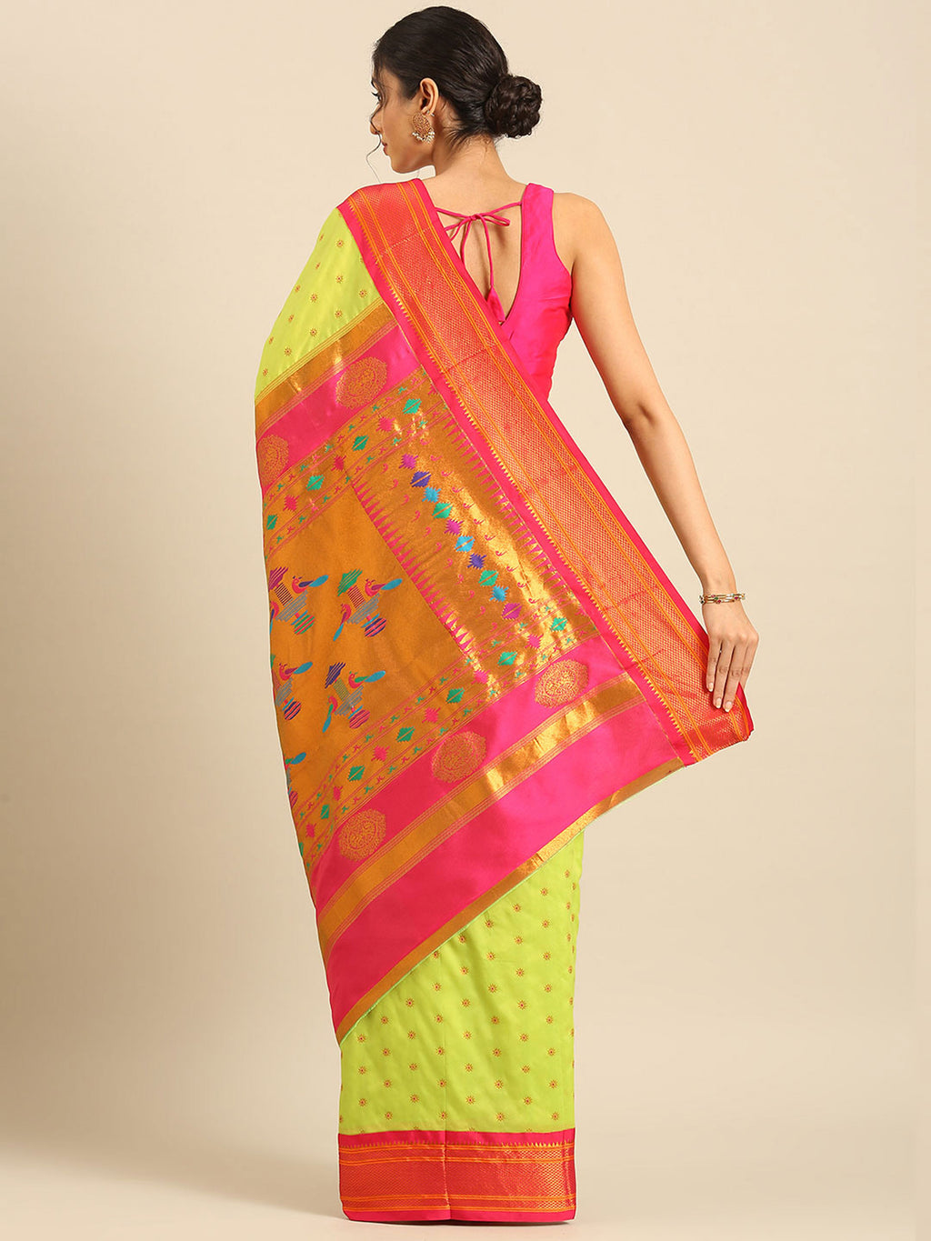 Double pallu paithani saree silk blend in popati and pink with chakra phool meena butti - back view showing pallu and border for party wear
