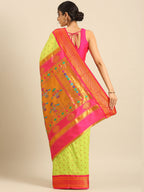 Double pallu paithani saree silk blend in popati and pink with chakra phool meena butti - back view showing pallu and border for party wear