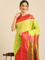 Double pallu paithani saree silk blend in popati and pink with chakra phool meena butti - closeup view showing fabric and zari work for party wear