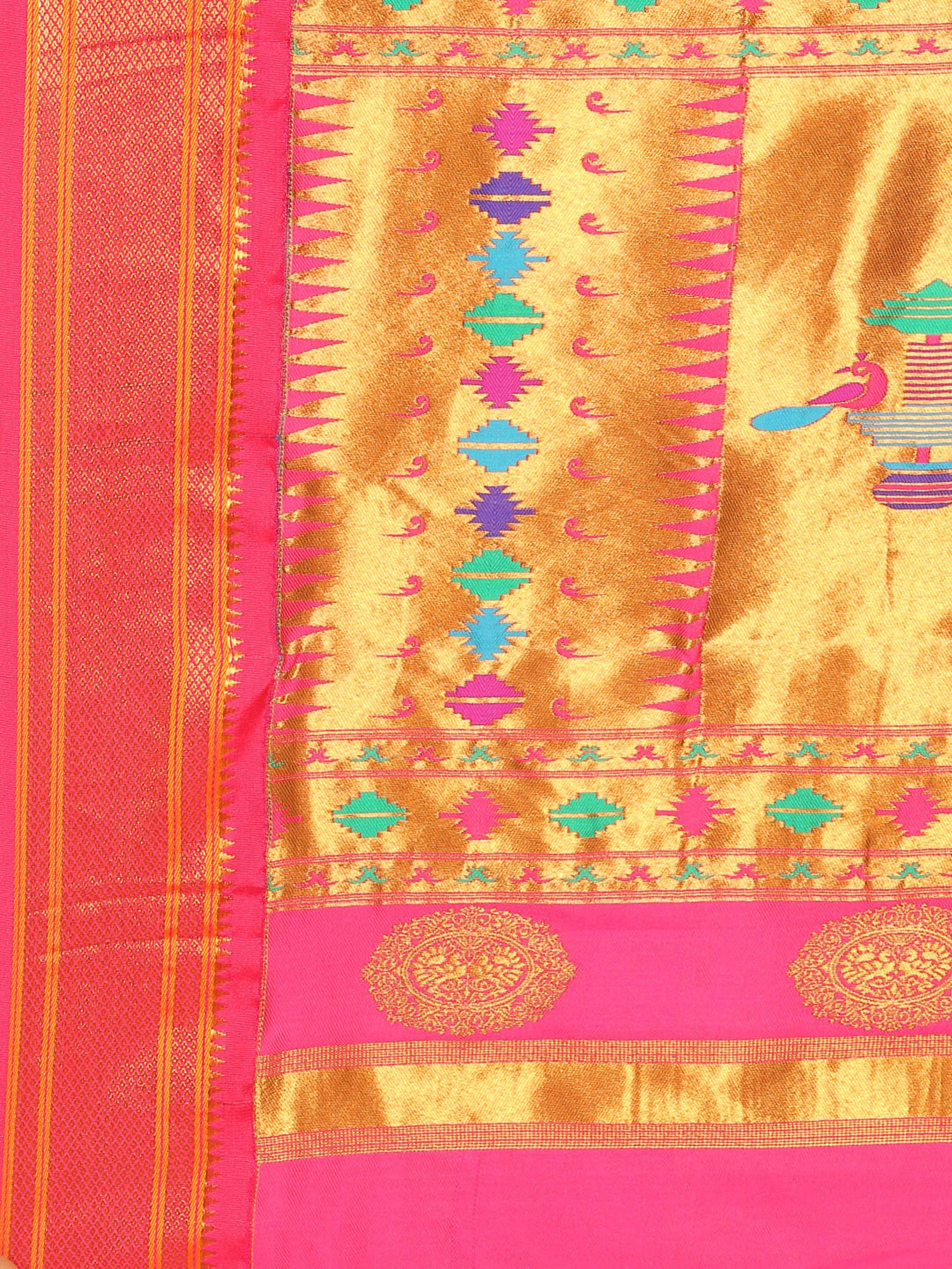 Double pallu paithani saree silk blend in popati and pink with chakra phool meena butti - pallu detail showing woven motif design for party wear
