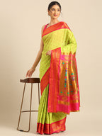 Double pallu paithani saree silk blend in popati and pink with chakra phool meena butti - styled model view for party wear