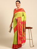 Double pallu paithani saree silk blend in popati and red with chakra phool meena butti - front view for party wear