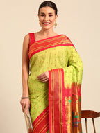Double pallu paithani saree silk blend in popati and red with chakra phool meena butti - closeup view showing fabric and zari work for party wear