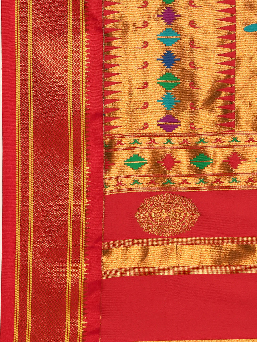 Double pallu paithani saree silk blend in popati and red with chakra phool meena butti - pallu detail showing woven motif design for party wear