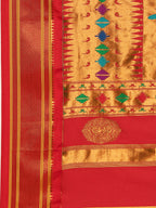 Double pallu paithani saree silk blend in popati and red with chakra phool meena butti - pallu detail showing woven motif design for party wear