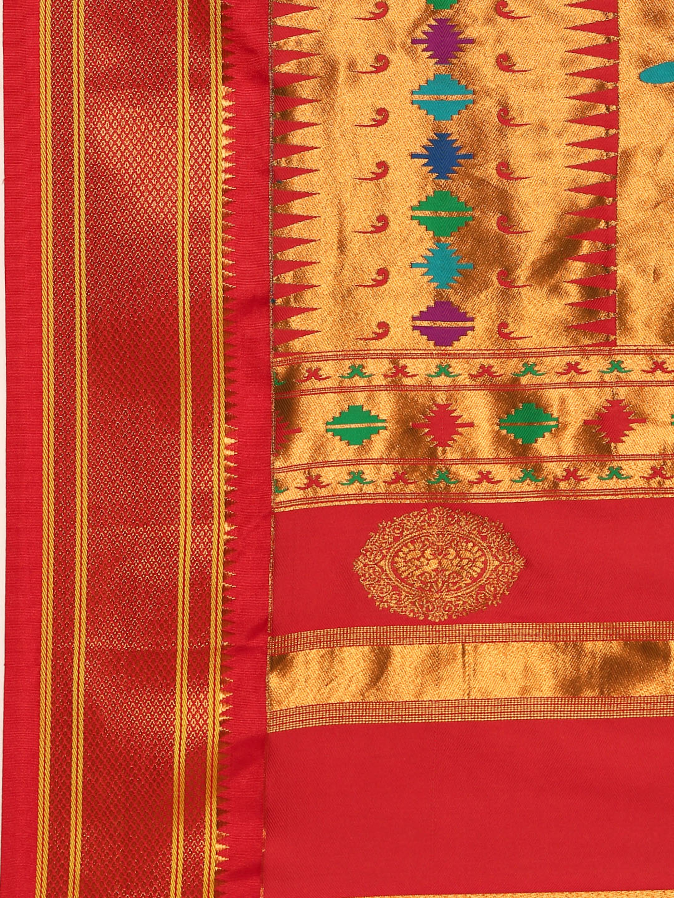 Double pallu paithani saree silk blend in popati and red with chakra phool meena butti - pallu detail showing woven motif design for party wear