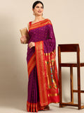 Double pallu paithani saree silk blend in purple and red with chakra phool meena butti - front view for party wear