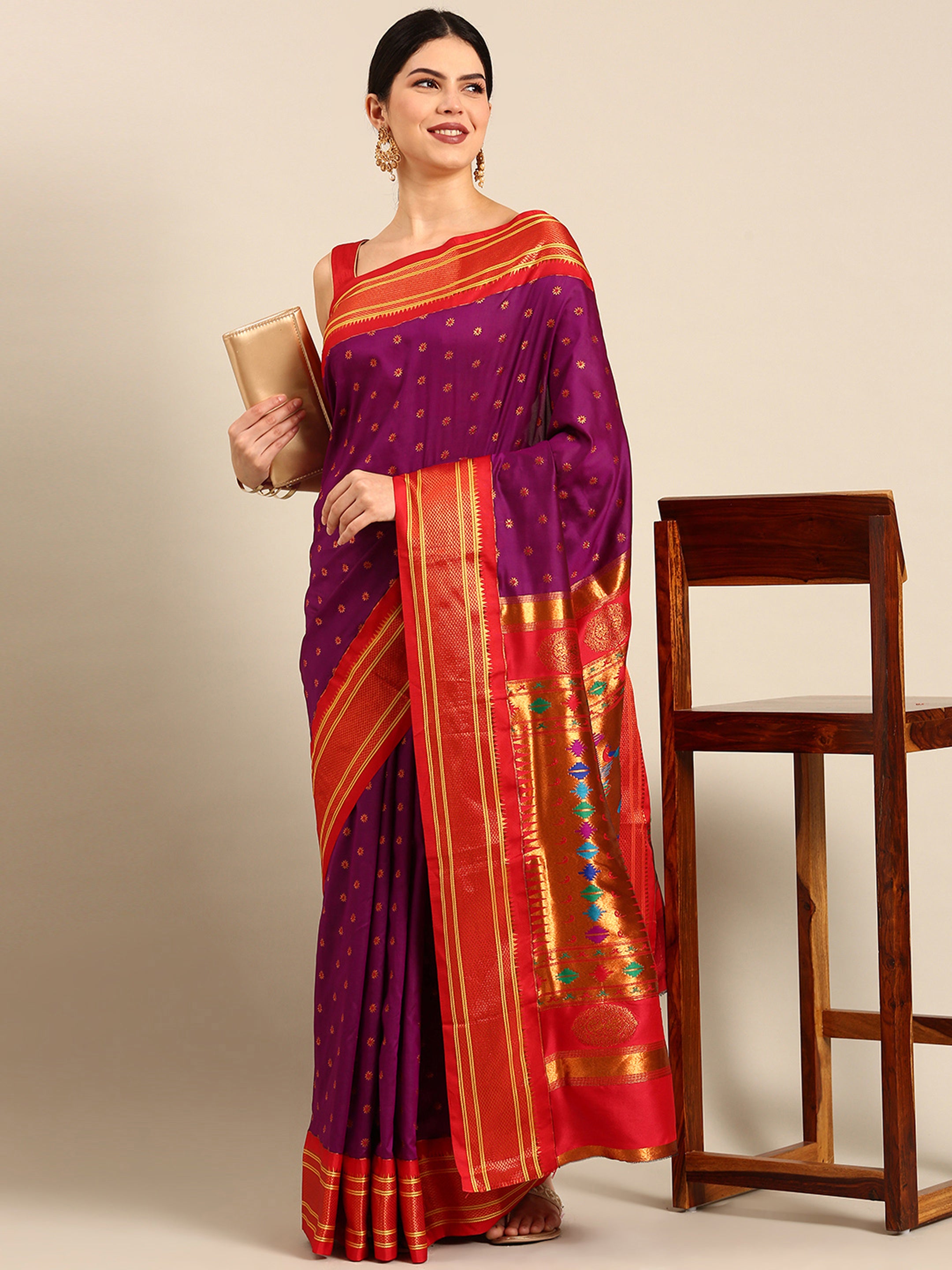 Double pallu paithani saree silk blend in purple and red with chakra phool meena butti - front view for party wear