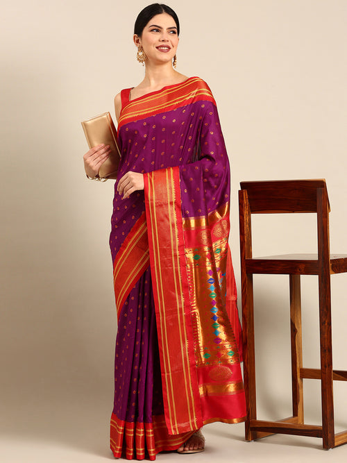 Double pallu paithani saree silk blend in purple and red with chakra phool meena butti - front view for party wear