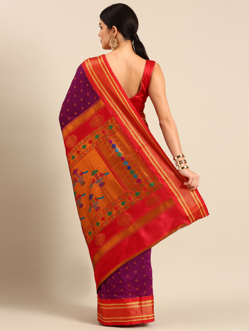 Double pallu paithani saree silk blend in purple and red with chakra phool meena butti - back view showing pallu and border for party wear