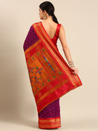 Double pallu paithani saree silk blend in purple and red with chakra phool meena butti - back view showing pallu and border for party wear