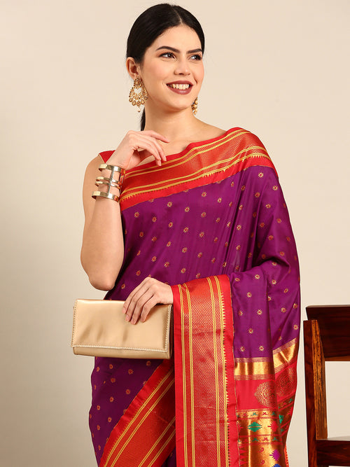 Double pallu paithani saree soft silk in purple and red with chakra phool meena butti - closeup view showing fabric and zari work for party wear