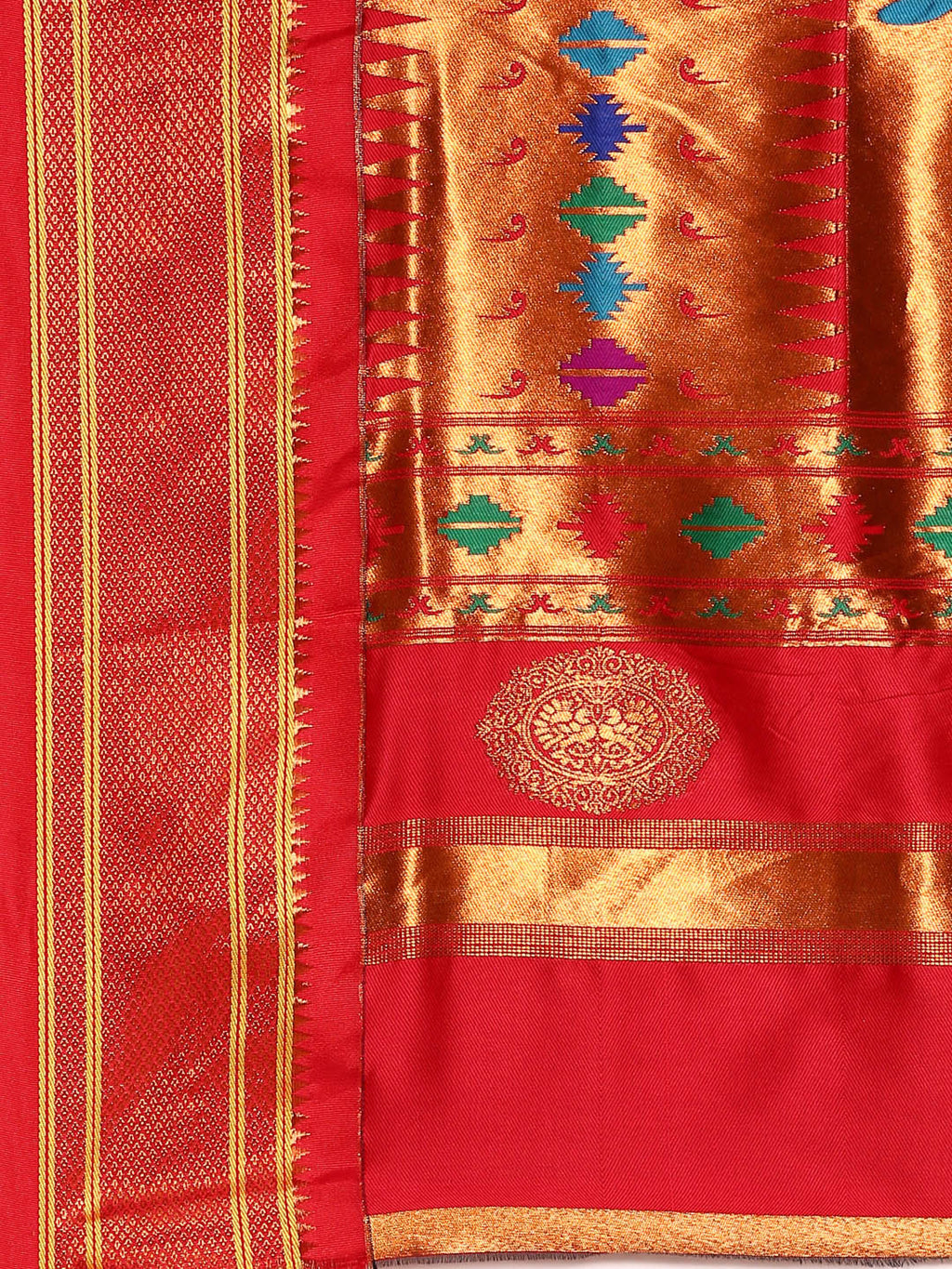 Double pallu paithani saree silk blend in purple and red with chakra phool meena butti - pallu detail showing woven motif design for party wear