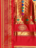 Double pallu paithani saree silk blend in purple and red with chakra phool meena butti - pallu detail showing woven motif design for party wear