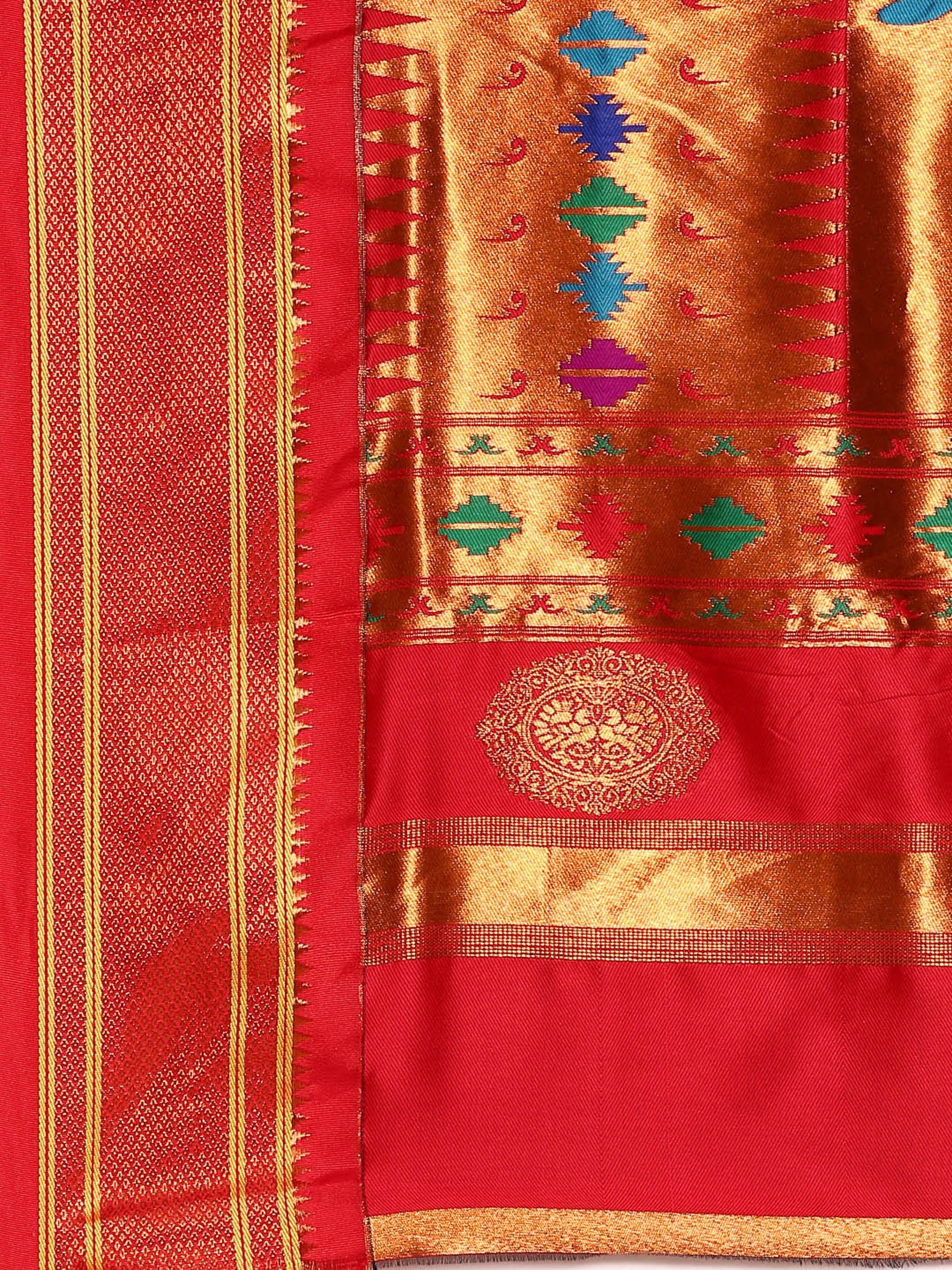 Double pallu paithani saree silk blend in purple and red with chakra phool meena butti - pallu detail showing woven motif design for party wear
