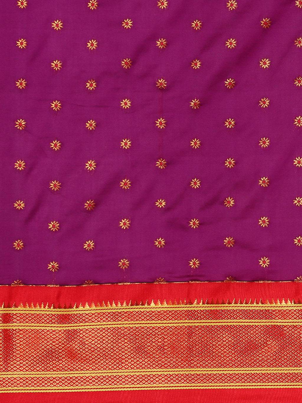 Double pallu paithani saree silk blend in purple and red with chakra phool meena butti - body fabric detail showing motif design for party wear