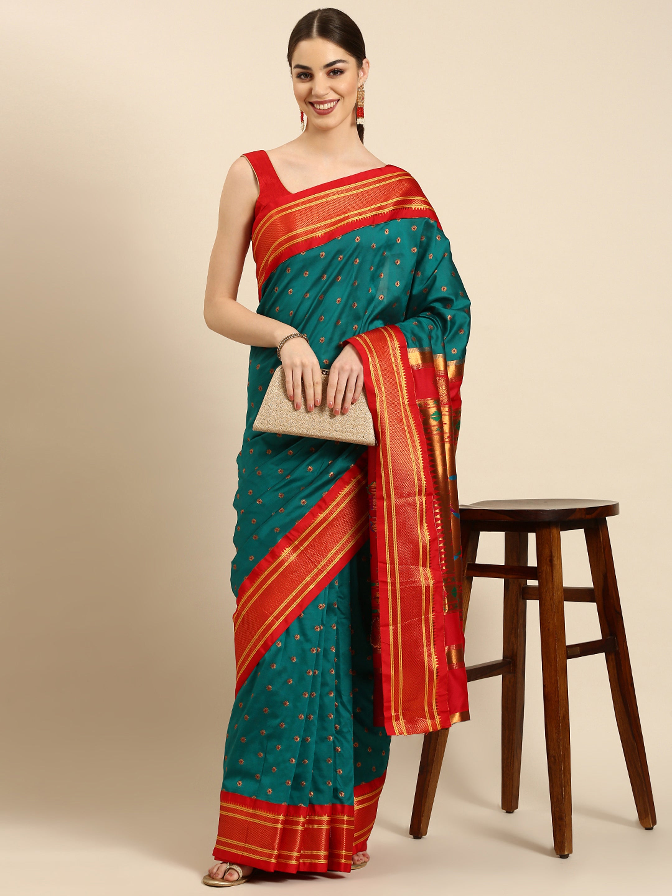 Double Pallu Paithani Saree Silk Blend | Chakra Phool Meena Butti | Party Wear