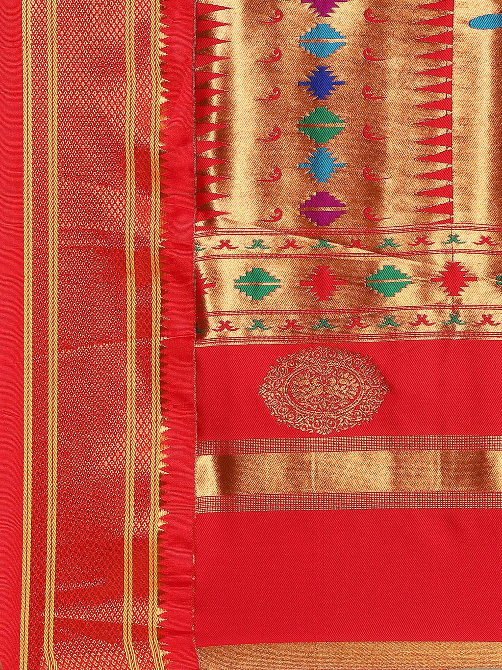 Double pallu paithani saree silk blend in rama green and red with chakra phool meena butti - pallu detail showing woven motif design for party wear