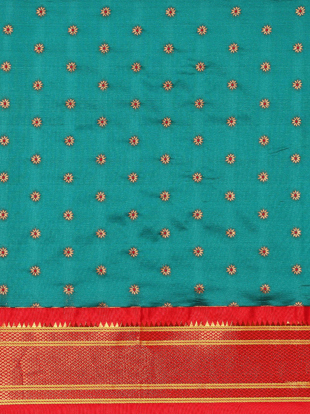 Double pallu paithani saree silk blend in rama green and red with chakra phool meena butti - body fabric detail showing motif design for party wear