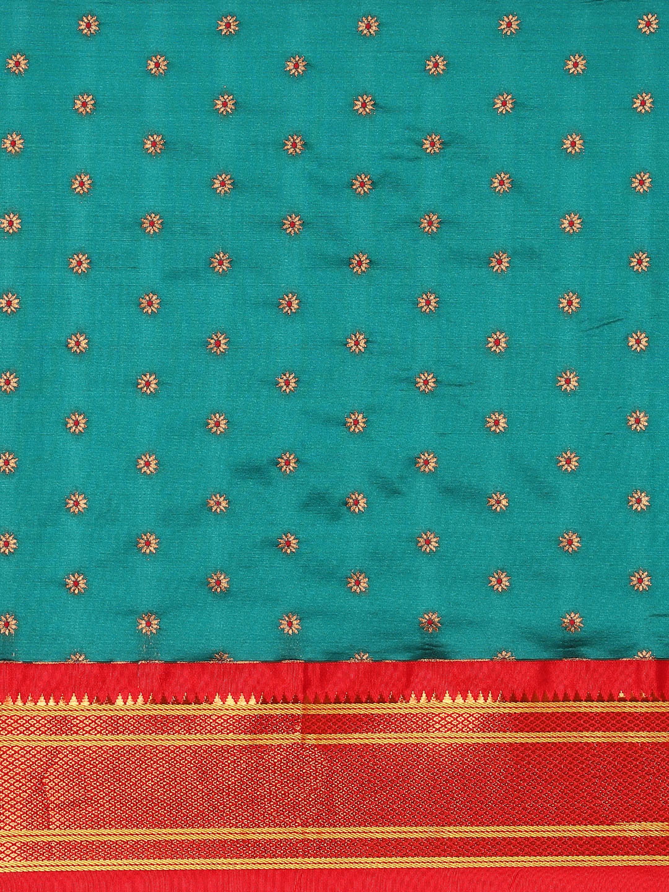 Double pallu paithani saree silk blend in rama green and red with chakra phool meena butti - body fabric detail showing motif design for party wear