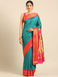 Double pallu paithani saree silk blend in rama and pink with chakra phool meena butti - front view for party wear