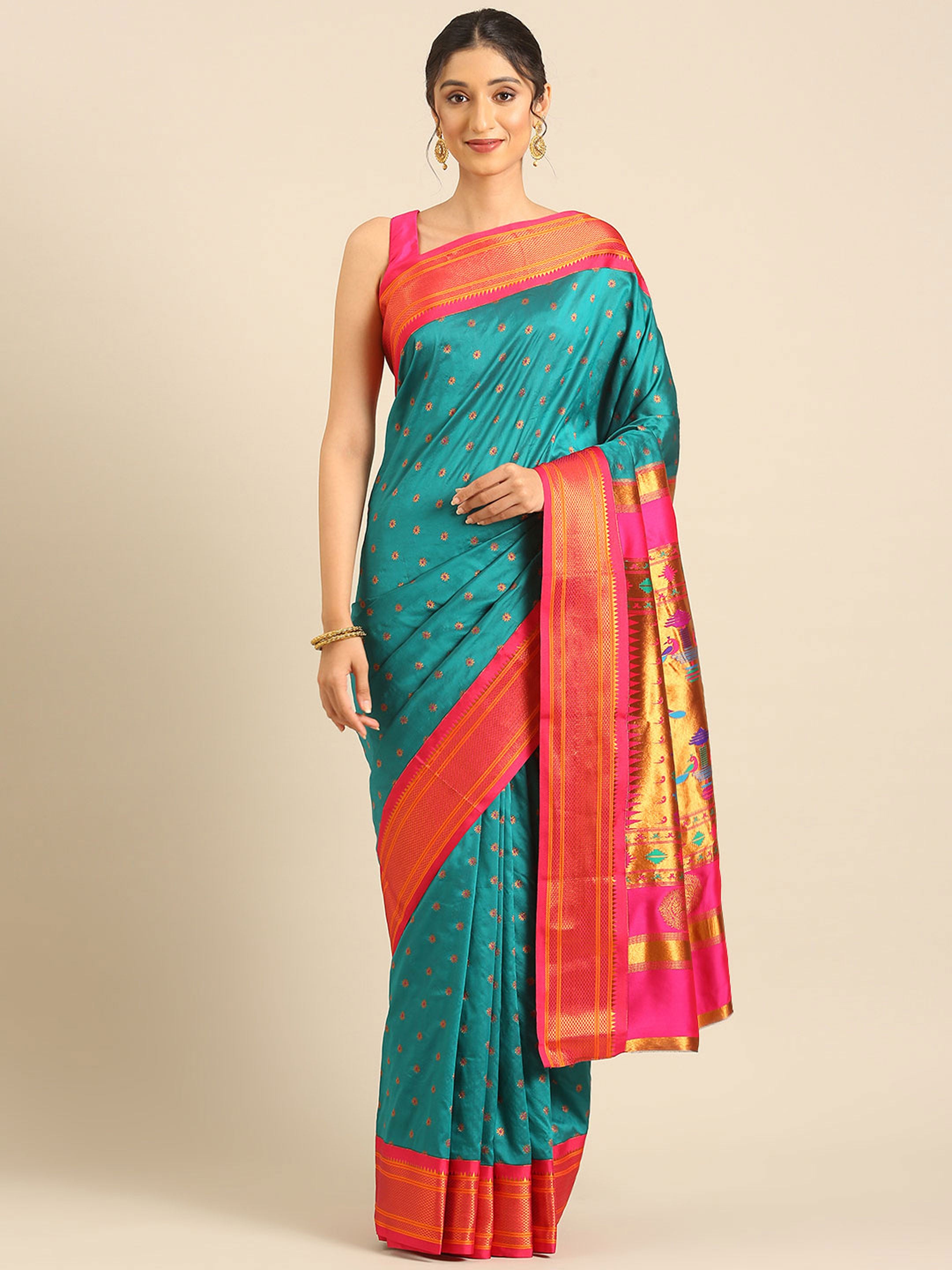 Double pallu paithani saree silk blend in rama and pink with chakra phool meena butti - front view for party wear