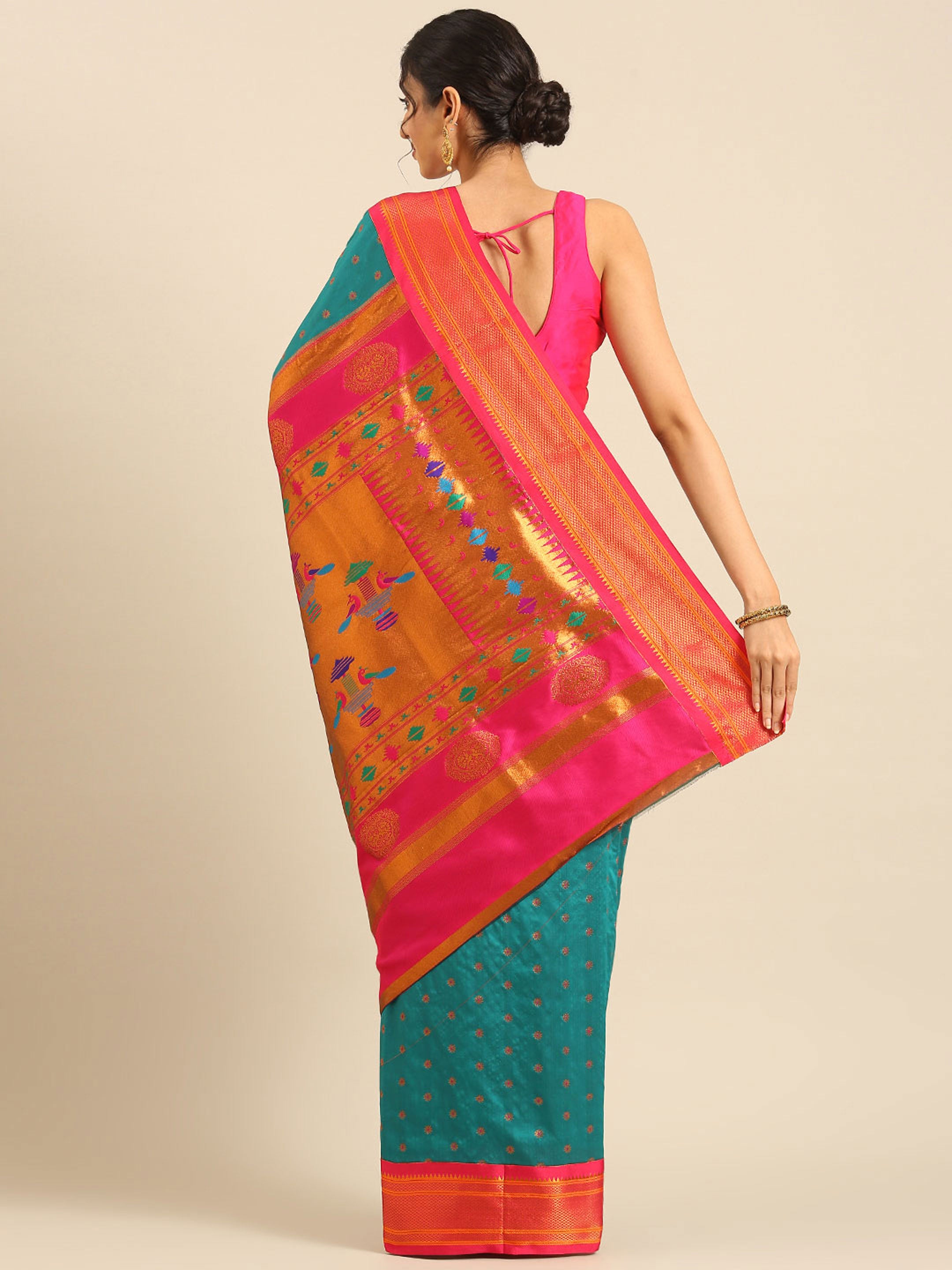 Double pallu paithani saree silk blend in rama and pink with chakra phool meena butti - back view showing pallu and border for party wear