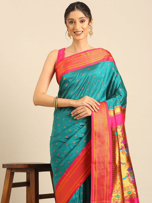 Double pallu paithani saree soft silk in rama and pink with chakra phool meena butti - closeup view showing fabric and zari work for party wear