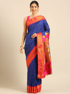 Double pallu paithani saree silk blend in royal blue and pink with chakra phool meena butti - front view for party wear