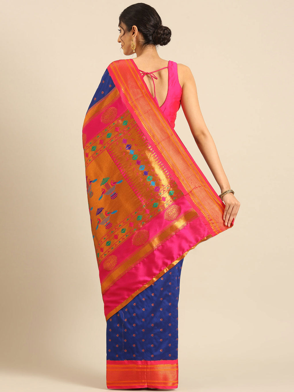 Double pallu paithani saree silk blend in royal blue and pink with chakra phool meena butti - back view showing pallu and border for party wear