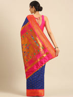 Double pallu paithani saree silk blend in royal blue and pink with chakra phool meena butti - back view showing pallu and border for party wear