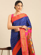 Double pallu paithani saree silk blend in royal blue and pink with chakra phool meena butti - closeup view showing fabric and zari work for party wear