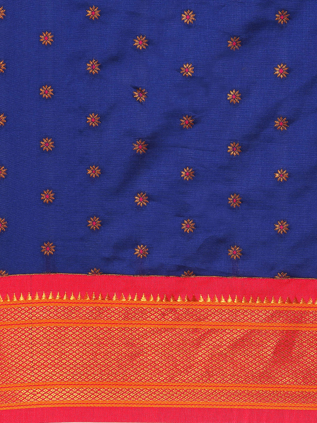 Double pallu paithani saree silk blend in royal blue and pink with chakra phool meena butti - body fabric detail showing motif design for party wear