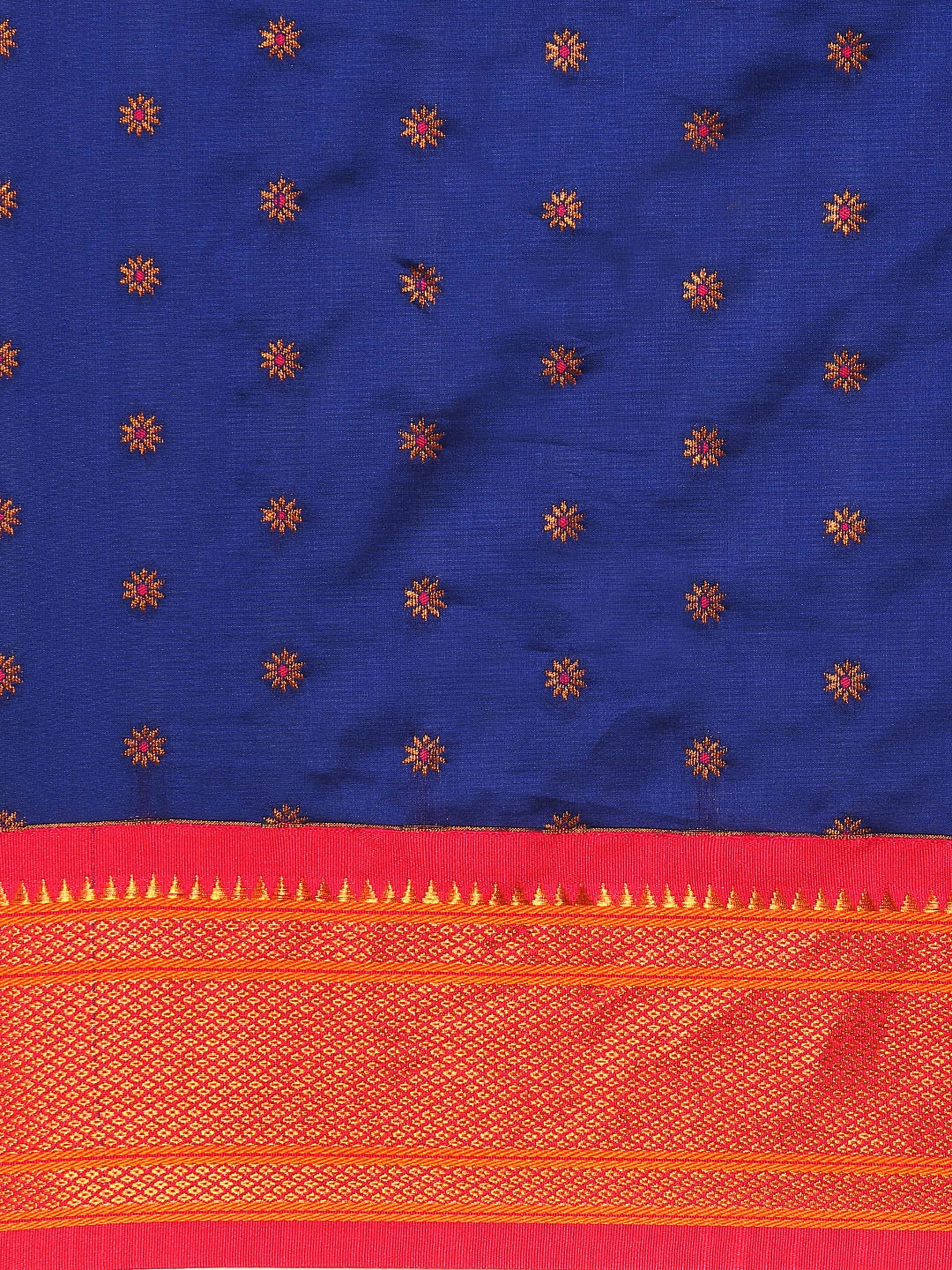 Double pallu paithani saree silk blend in royal blue and pink with chakra phool meena butti - body fabric detail showing motif design for party wear