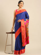 Double pallu paithani saree silk blend in royal blue and pink with chakra phool meena butti - styled model view for party wear